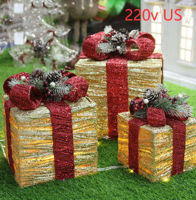 HKM-480723 Christmas Tree Decoration Wrought Iron Gift Box Set - Three-Piece Red & White Décor