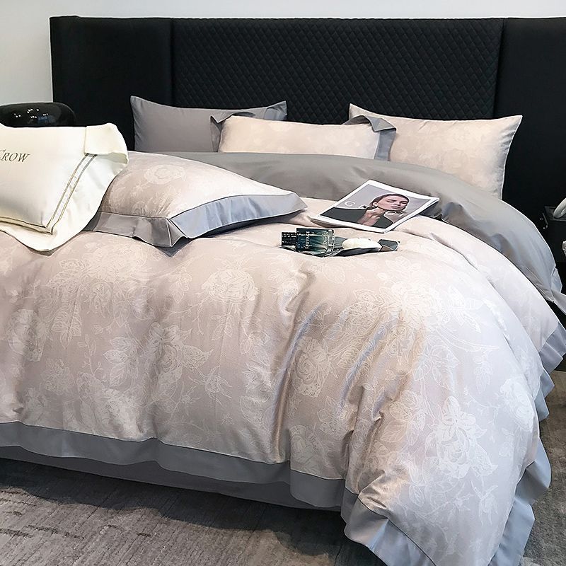 HKM-481107 Long-Staple Cotton Bed Sheet Set with Plant and Flower Pattern, 4 Pieces for 1.5-2.2 Beds