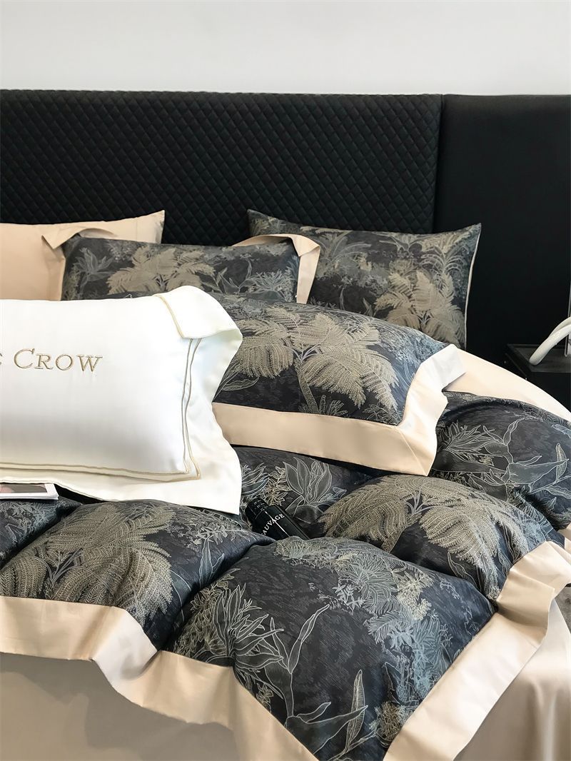 HKM-481107 Long-Staple Cotton Bed Sheet Set with Plant and Flower Pattern, 4 Pieces for 1.5-2.2 Beds