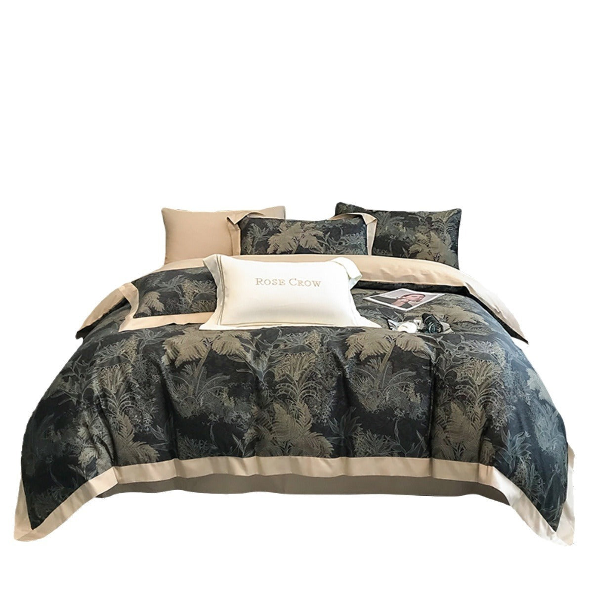 HKM-481107 Long-Staple Cotton Bed Sheet Set with Plant and Flower Pattern, 4 Pieces for 1.5-2.2 Beds