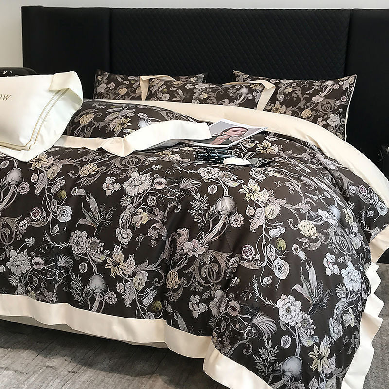 HKM-481107 Long-Staple Cotton Bed Sheet Set with Plant and Flower Pattern, 4 Pieces for 1.5-2.2 Beds