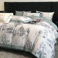 HKM-481107 Long-Staple Cotton Bed Sheet Set with Plant and Flower Pattern, 4 Pieces for 1.5-2.2 Beds