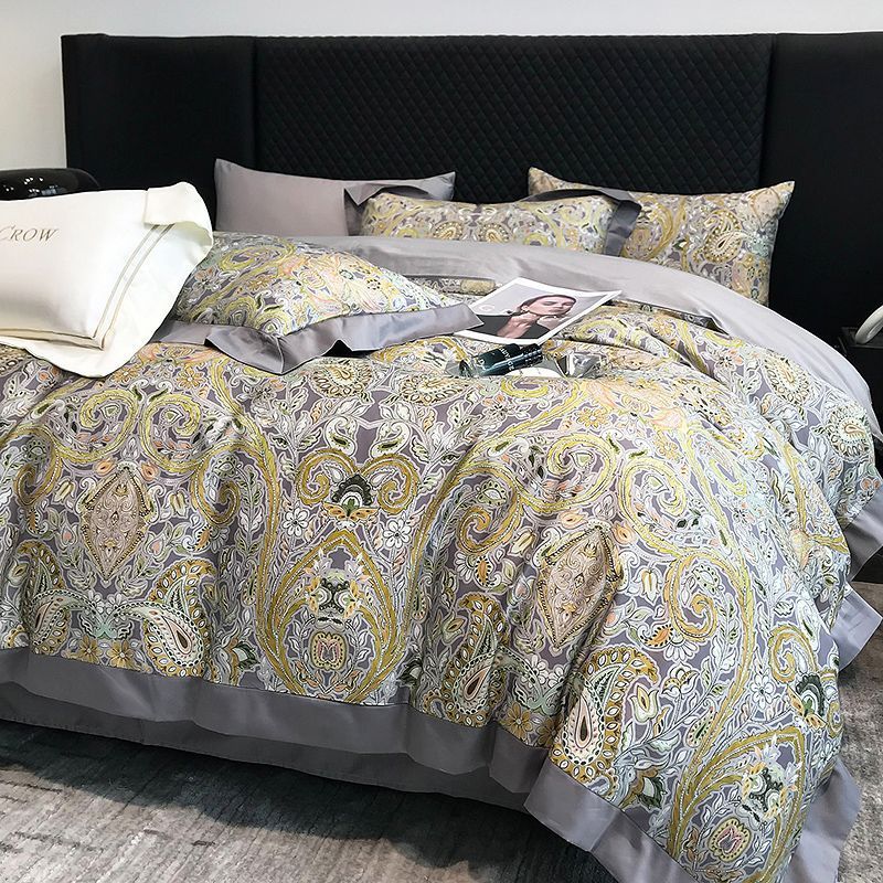 HKM-481107 Long-Staple Cotton Bed Sheet Set with Plant and Flower Pattern, 4 Pieces for 1.5-2.2 Beds