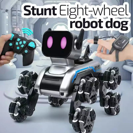 HKM-481683 Remote-Controlled Eight-Wheel Stunt Robot Dog with Gesture Control, LED Lights, and Music
