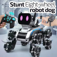 HKM-481683 Remote-Controlled Eight-Wheel Stunt Robot Dog with Gesture Control, LED Lights, and Music