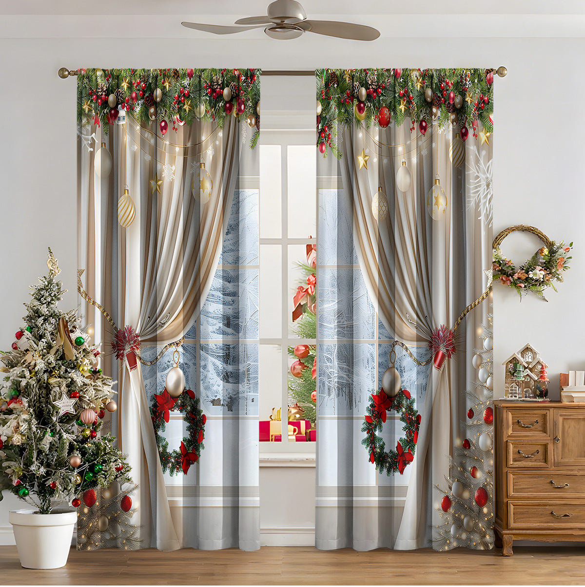 KTX-481811 3D Printed Christmas Curtains for Modern Spaces - Enhanced Sunshade, Polyester, Various Designs