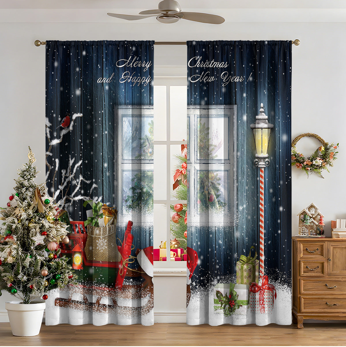 KTX-481811 3D Printed Christmas Curtains for Modern Spaces - Enhanced Sunshade, Polyester, Various Designs
