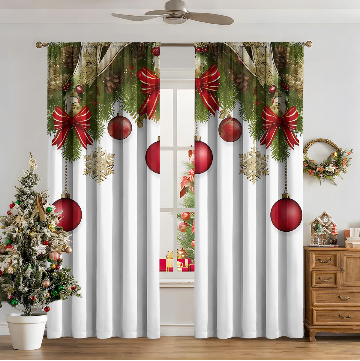 KTX-481811 3D Printed Christmas Curtains for Modern Spaces - Enhanced Sunshade, Polyester, Various Designs