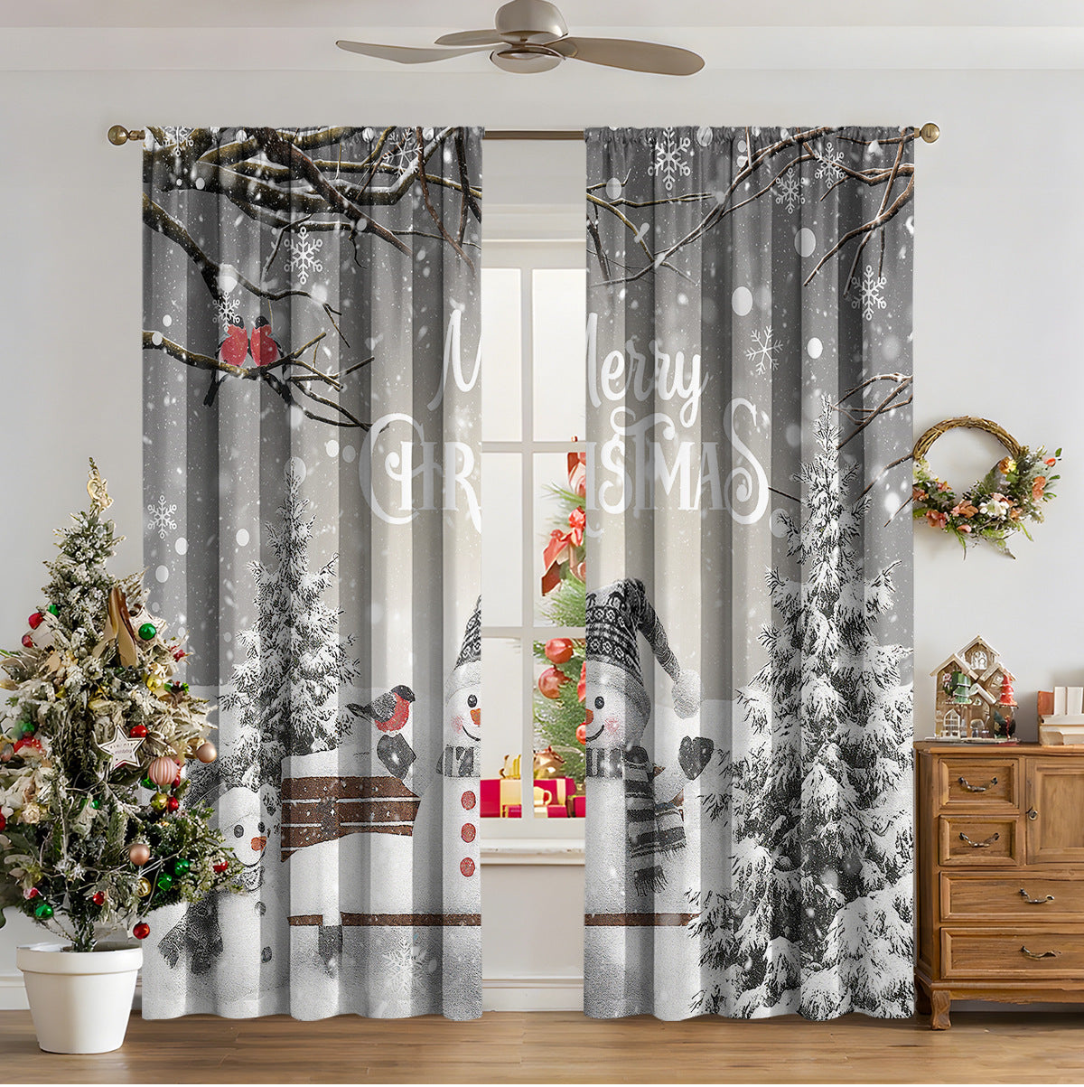 KTX-481811 3D Printed Christmas Curtains for Modern Spaces - Enhanced Sunshade, Polyester, Various Designs