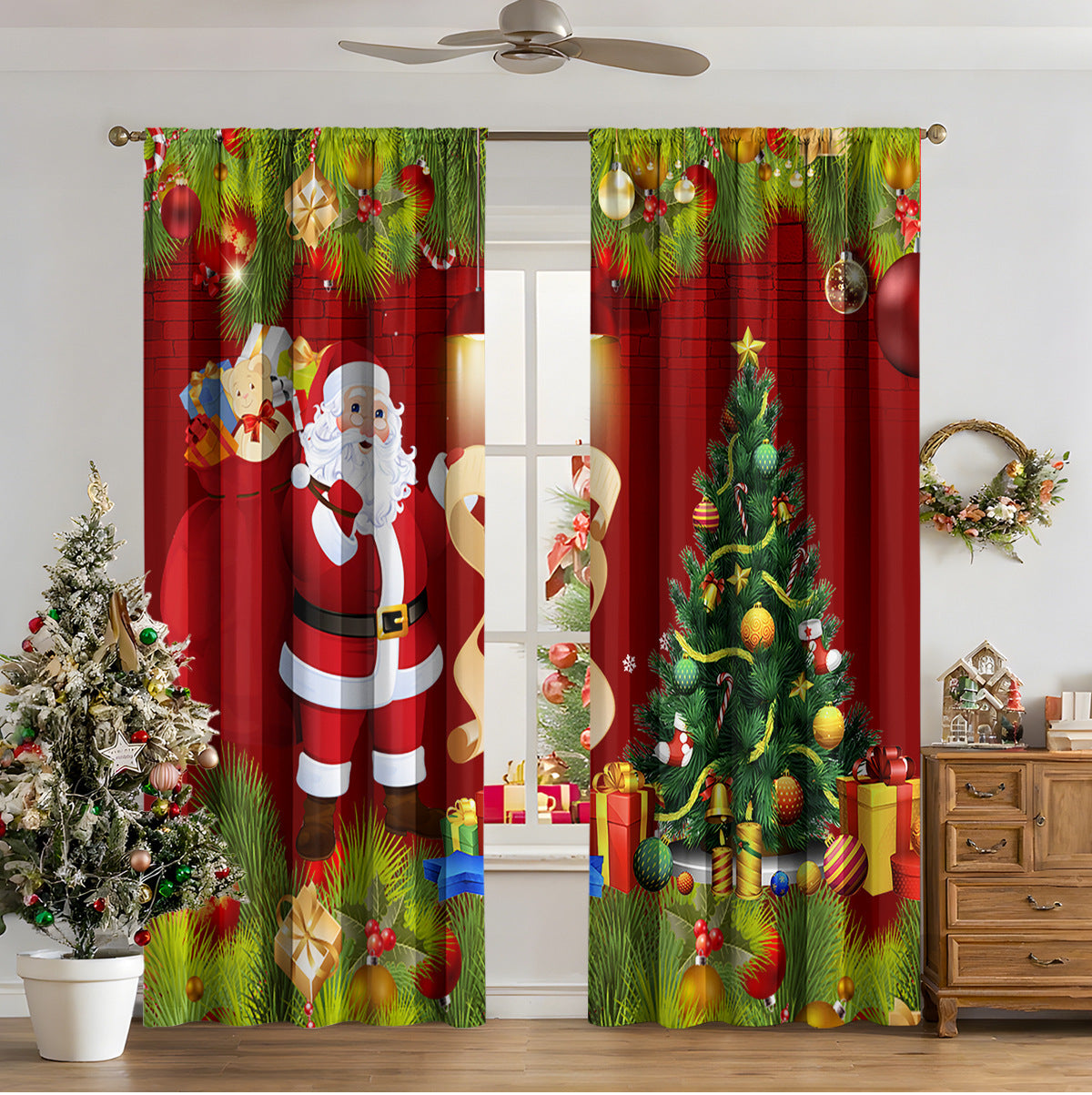 KTX-481811 3D Printed Christmas Curtains for Modern Spaces - Enhanced Sunshade, Polyester, Various Designs