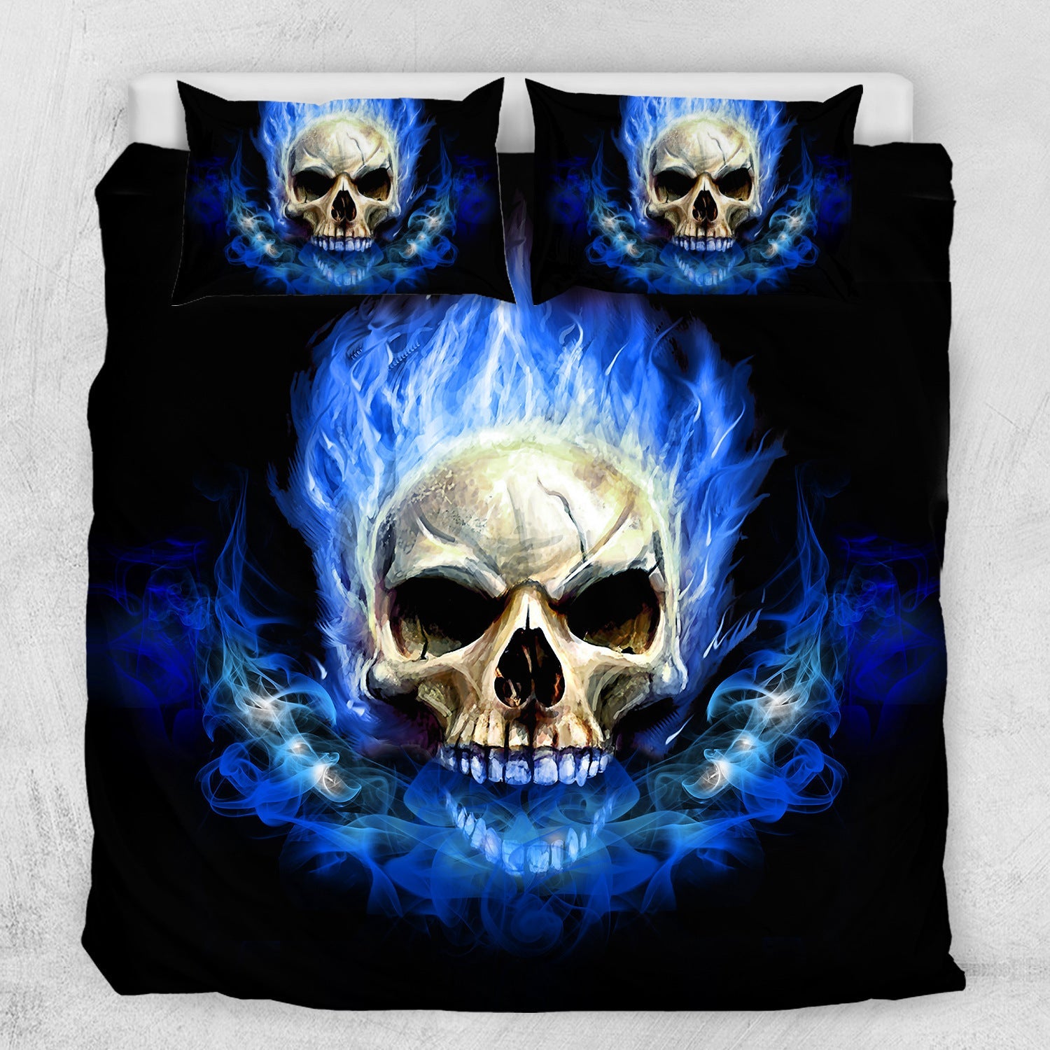 HKM-482067 Blue Flame Skull 3-Piece Bedding Set in Polyester