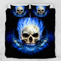 HKM-482067 Blue Flame Skull 3-Piece Bedding Set in Polyester