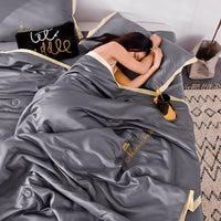 HKM-483411 Washed Silk Summer Quilt Set with Solid Color Embroidery – Fitted Sheet & Pillow Cases, Modern Style