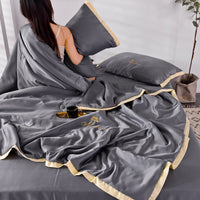 HKM-483411 Washed Silk Summer Quilt Set with Solid Color Embroidery – Fitted Sheet & Pillow Cases, Modern Style