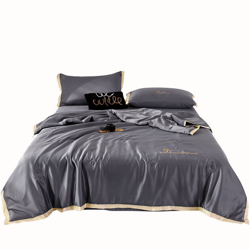 HKM-483411 Washed Silk Summer Quilt Set with Solid Color Embroidery – Fitted Sheet & Pillow Cases, Modern Style
