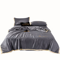 HKM-483411 Washed Silk Summer Quilt Set with Solid Color Embroidery – Fitted Sheet & Pillow Cases, Modern Style