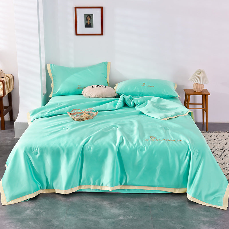 HKM-483411 Washed Silk Summer Quilt Set with Solid Color Embroidery – Fitted Sheet & Pillow Cases, Modern Style