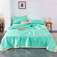 HKM-483411 Washed Silk Summer Quilt Set with Solid Color Embroidery – Fitted Sheet & Pillow Cases, Modern Style