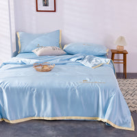 HKM-483411 Washed Silk Summer Quilt Set with Solid Color Embroidery – Fitted Sheet & Pillow Cases, Modern Style