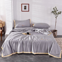 HKM-483411 Washed Silk Summer Quilt Set with Solid Color Embroidery – Fitted Sheet & Pillow Cases, Modern Style