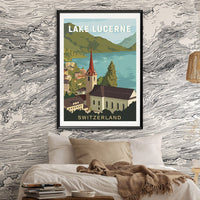 HKM-484563 Lake Lucerne Vintage Canvas Painting - Oil on Canvas, Frameless Wall Art