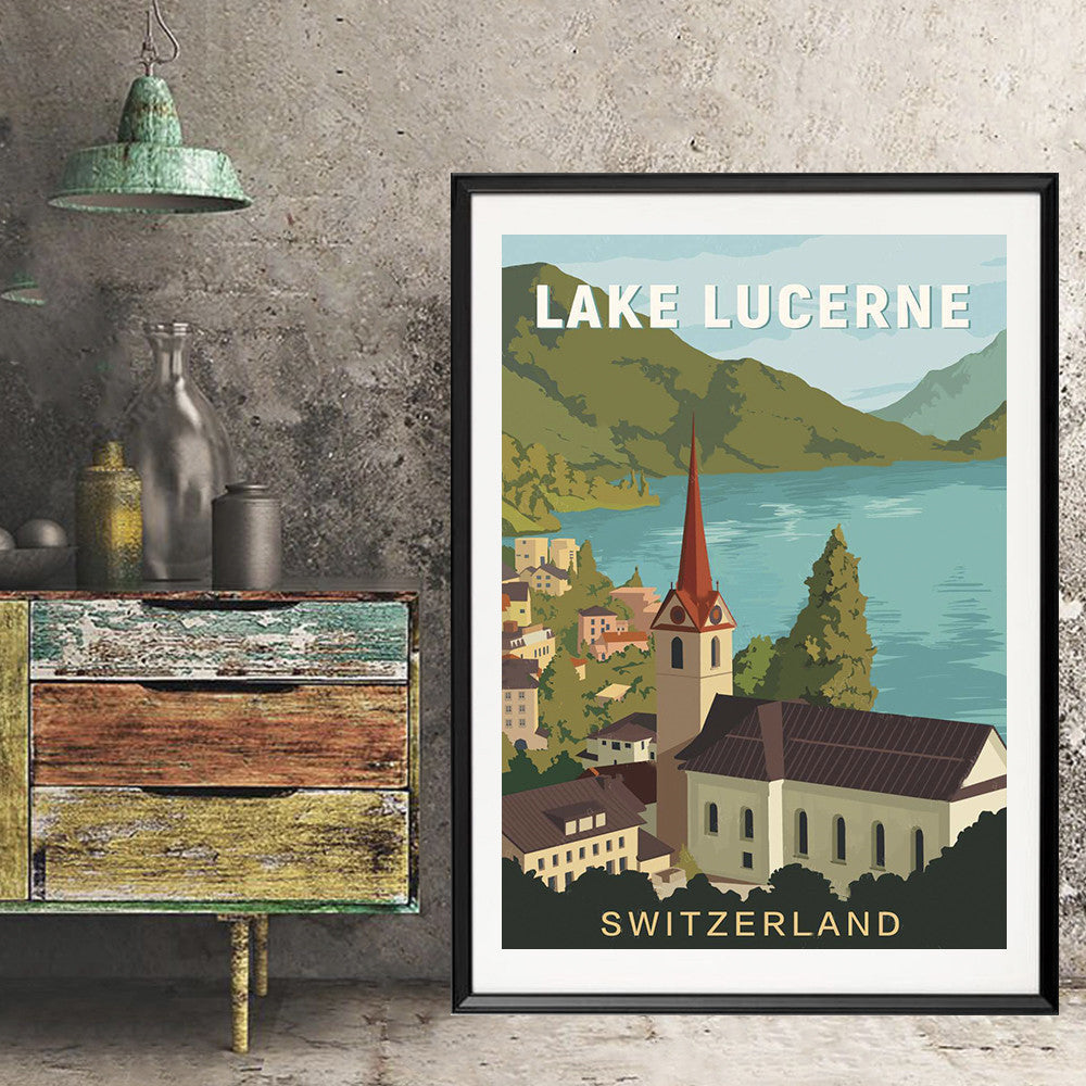 HKM-484563 Lake Lucerne Vintage Canvas Painting - Oil on Canvas, Frameless Wall Art