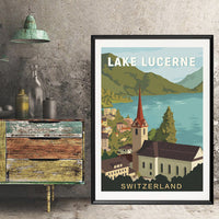 HKM-484563 Lake Lucerne Vintage Canvas Painting - Oil on Canvas, Frameless Wall Art