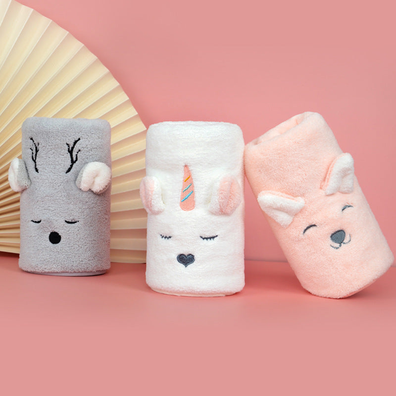 KTX-485139 Cute Cartoon Coral Fleece Face Towel for Children - Fawn & Unicorn Design, 34X76cm, Soft and Highly Absorbent