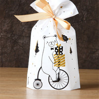 HKM-485331 Christmas Drawstring Gift Bag in Red and Green with Deer and Bear Design, 15 cm x 23 cm