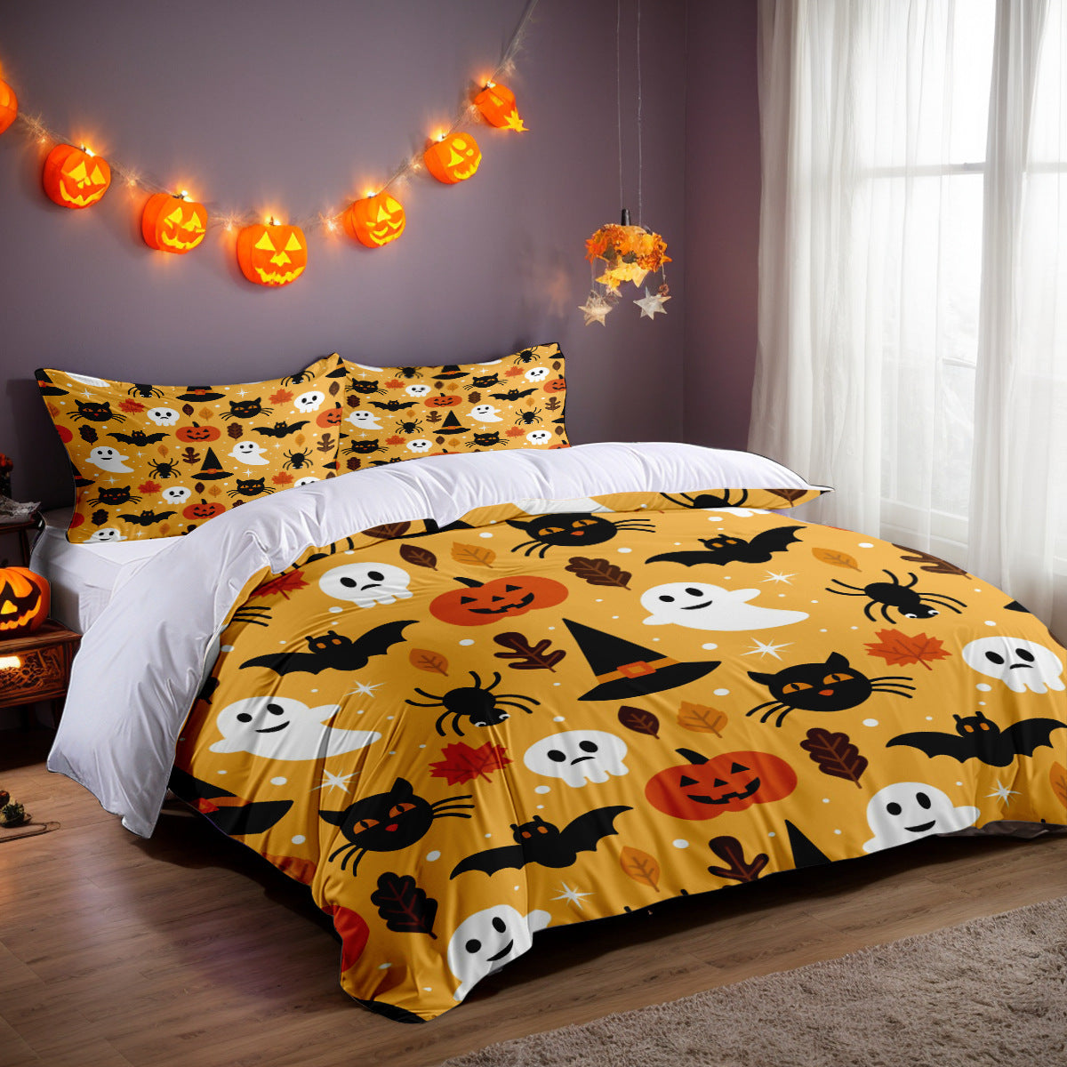 HKM-485715 Three-Piece Halloween Bed Set with Quilted Duvet Cover and Pillowcases in White