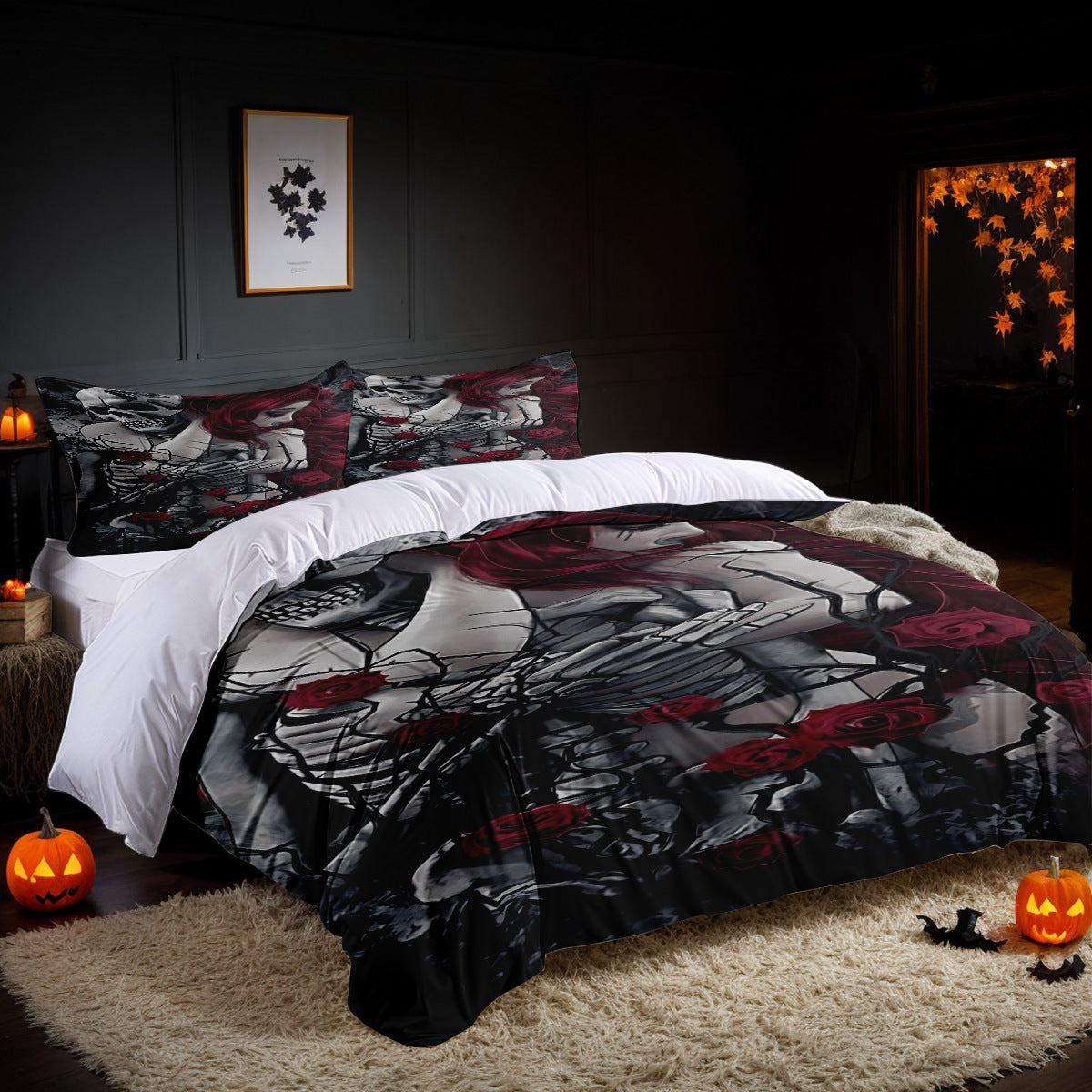 HKM-485715 Three-Piece Halloween Bed Set with Quilted Duvet Cover and Pillowcases in White