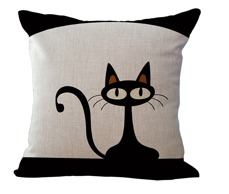 HKM-485779 Black and White Cartoon Cat Print Cotton Linen Cushion Cover 45x45 cm