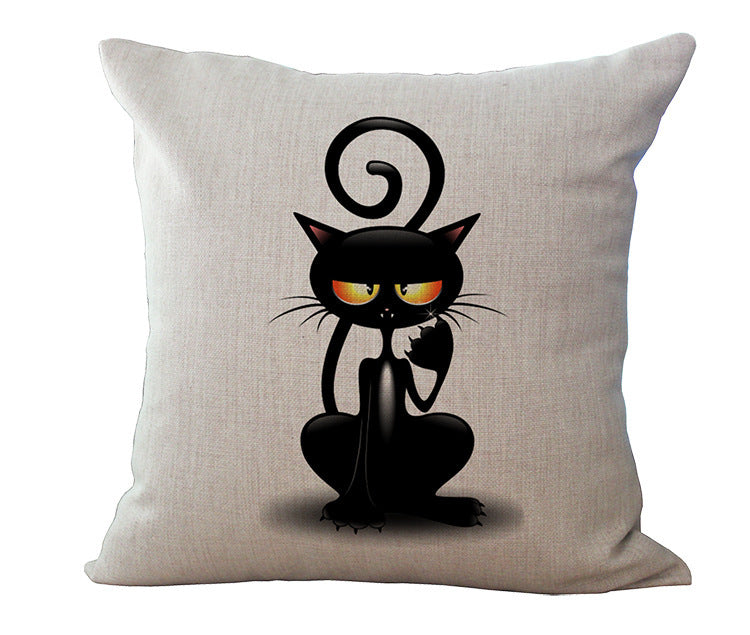 HKM-485779 Black and White Cartoon Cat Print Cotton Linen Cushion Cover 45x45 cm