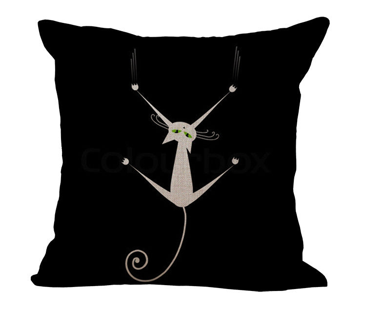 HKM-485779 Black and White Cartoon Cat Print Cotton Linen Cushion Cover 45x45 cm