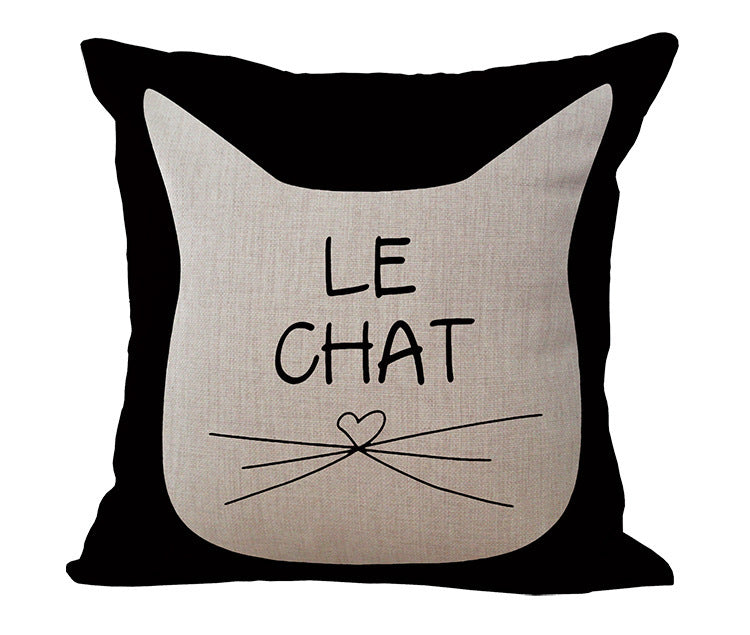 HKM-485779 Black and White Cartoon Cat Print Cotton Linen Cushion Cover 45x45 cm