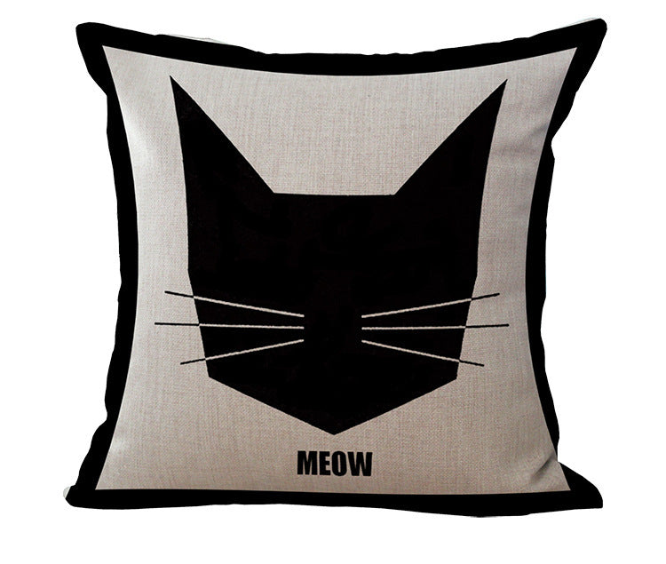 HKM-485779 Black and White Cartoon Cat Print Cotton Linen Cushion Cover 45x45 cm