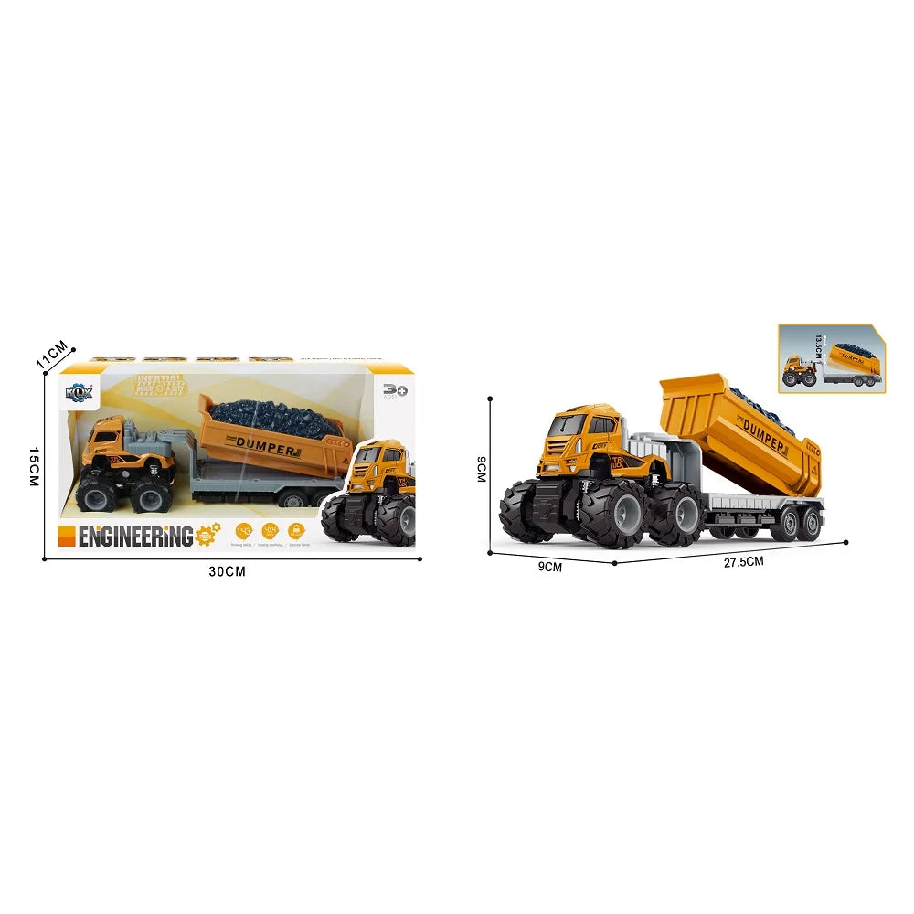 HKM-485971 Diecast Metal Inertial Excavator Transport Trailer Toy for Children Ages 3+