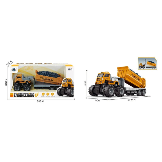 HKM-485971 Diecast Metal Inertial Excavator Transport Trailer Toy for Children Ages 3+