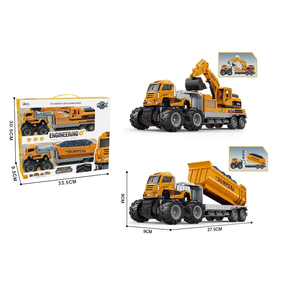 HKM-485971 Diecast Metal Inertial Excavator Transport Trailer Toy for Children Ages 3+
