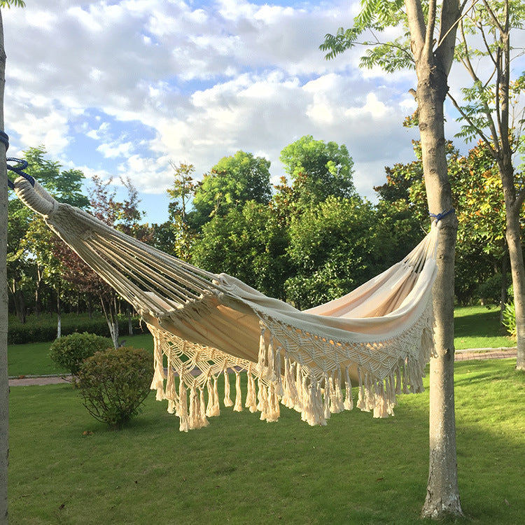 KTX-486419 Double Cotton Hammock with Tassels - Nordic Bohemian Style for Indoor & Outdoor Use, 200 cm x 150 cm, 200 kg Capacity