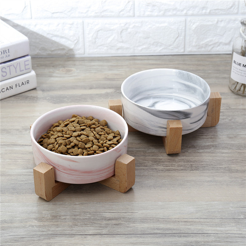 HKM-487379 Ceramic Marble Cat Rice Bowl with Ju Wood Frame – Pink and Blue Options
