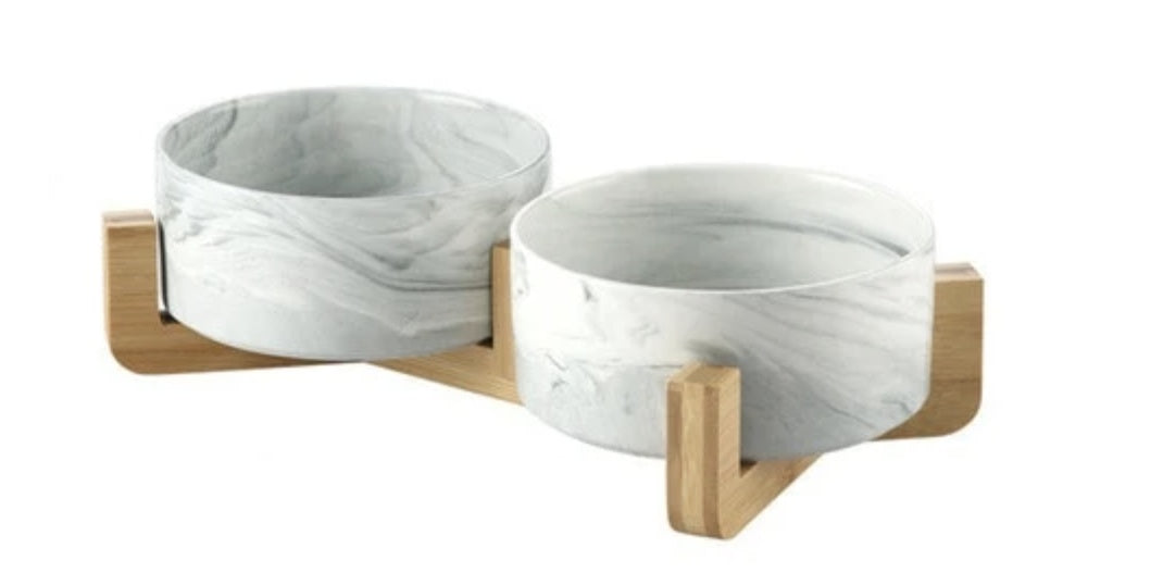 HKM-487379 Ceramic Marble Cat Rice Bowl with Ju Wood Frame – Pink and Blue Options