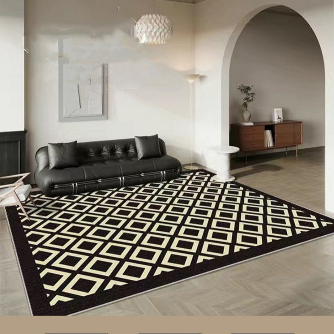 HKM-487699 Checkered Black and White Crystal Velvet Area Rug – Modern Square Carpet for Living Room and Bedroom