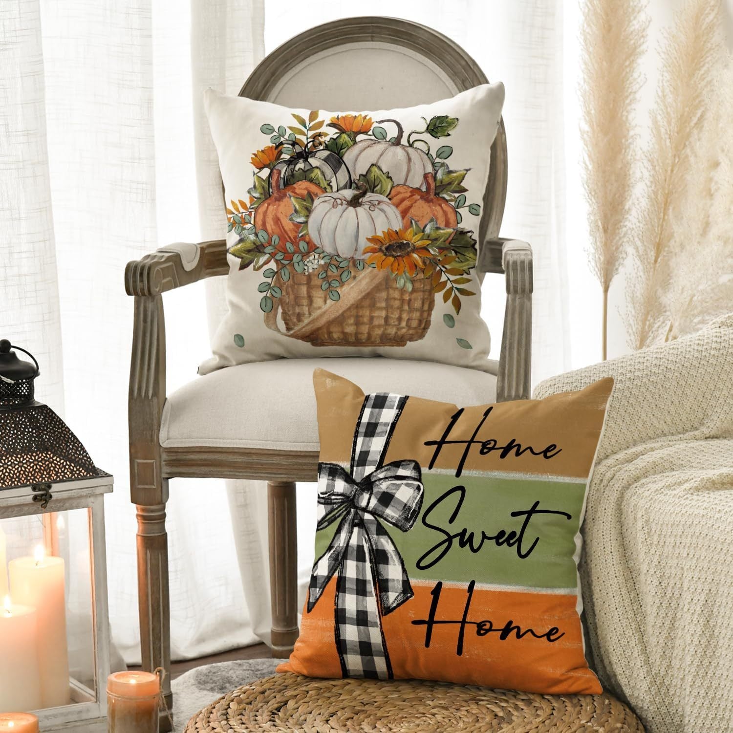 HKM-487827 Fall Pumpkin Truck Sunflowers Throw Pillow Cover, 18 x 18 Inch Autumn Home Decor