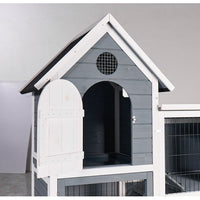 HKM-488019 Weatherproof 2-Story Wooden Chicken Coop and Rabbit Hutch with No-Leak Pull-Out Tray - Grey/Blue