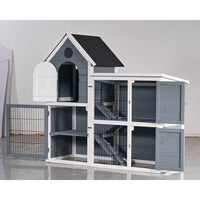 HKM-488019 Weatherproof 2-Story Wooden Chicken Coop and Rabbit Hutch with No-Leak Pull-Out Tray - Grey/Blue