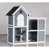 HKM-488019 Weatherproof 2-Story Wooden Chicken Coop and Rabbit Hutch with No-Leak Pull-Out Tray - Grey/Blue