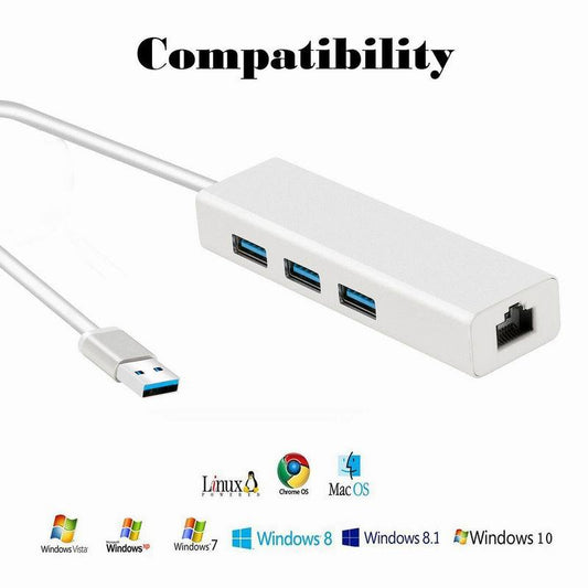 HKM-488211 USB 3.0 Gigabit Ethernet Adapter with 3 USB Ports for Mac, PC, and Chromebook