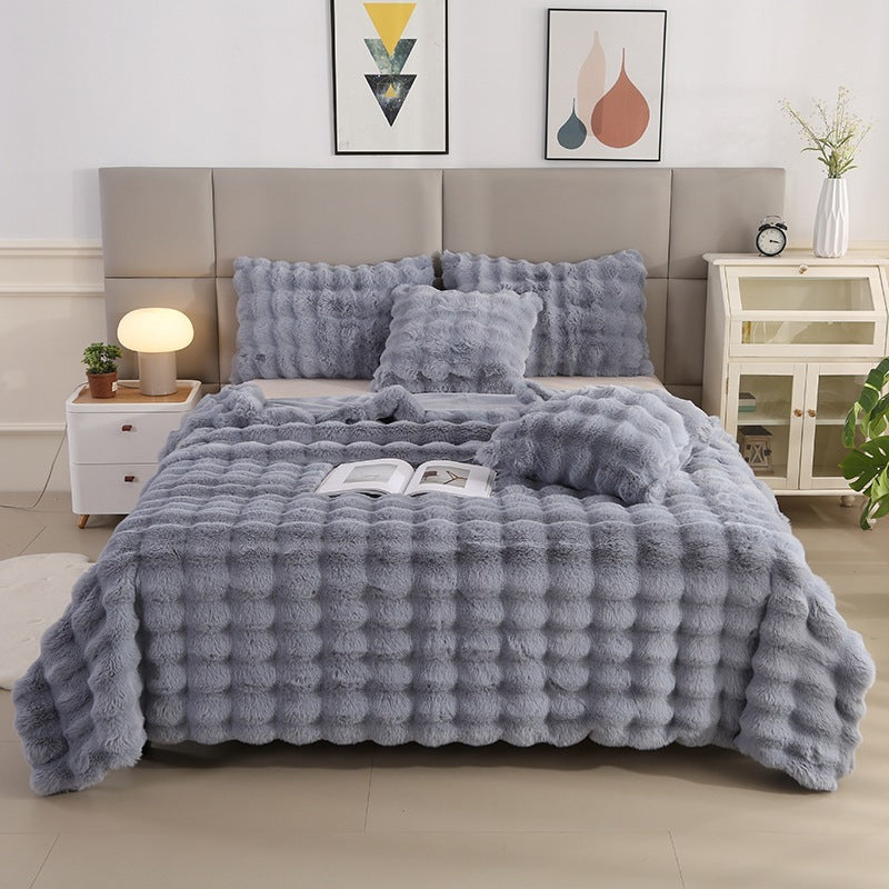 HKM-488339 Cozy Solid Color Rabbit Plush Blanket and Pillow Covers for Winter Use