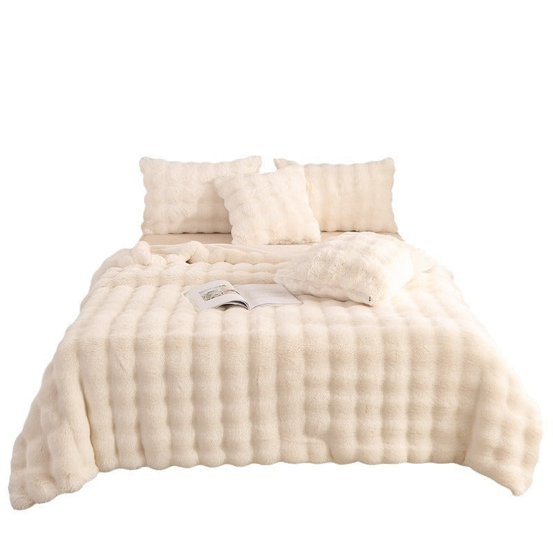 HKM-488339 Cozy Solid Color Rabbit Plush Blanket and Pillow Covers for Winter Use